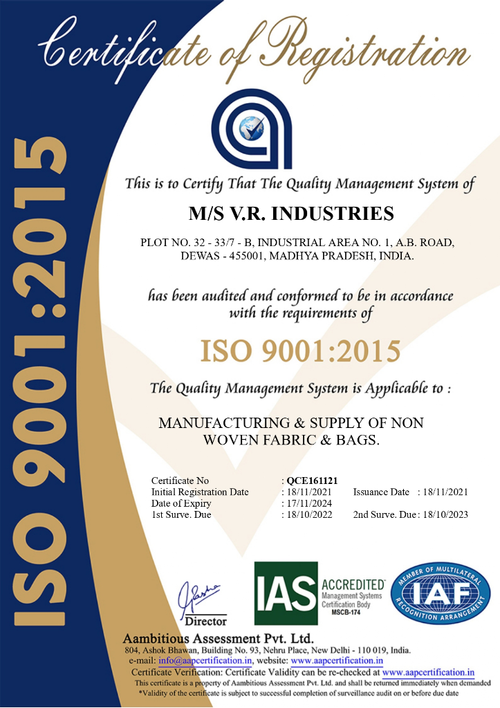 ISO 9001:2015 Certification of Registration for VR Industries